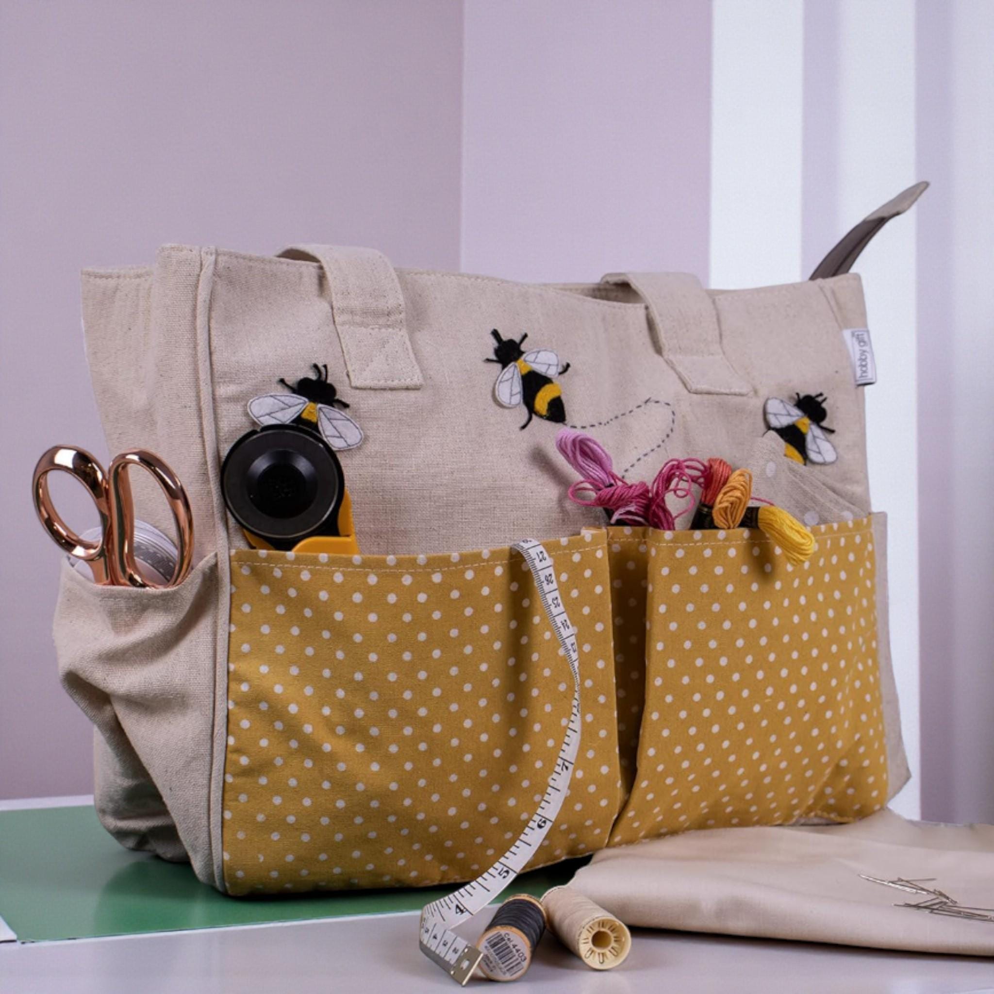 Bee Craft Storage Bag. Project Tote with Pockets and Zip Top. Applique Bee Design