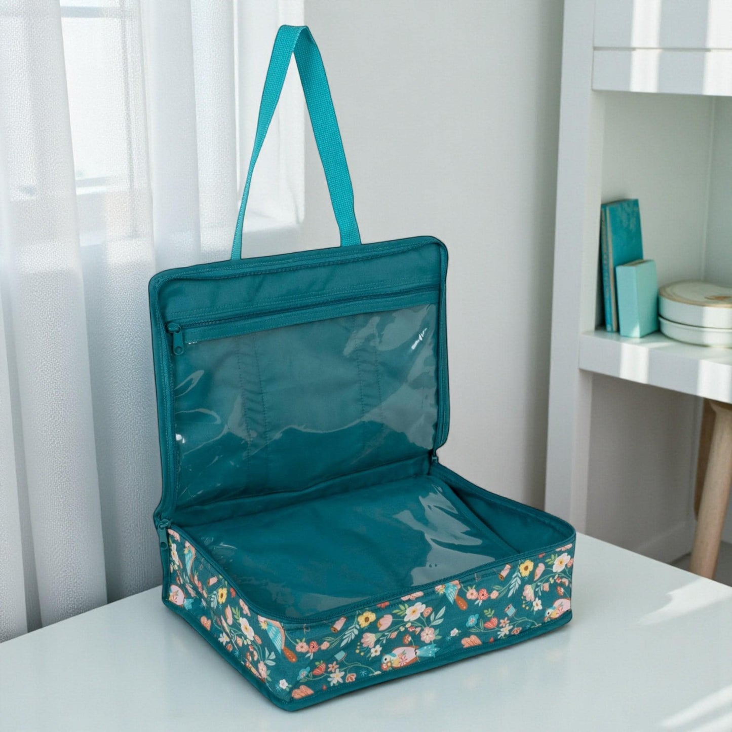 Bird Aviary Fabric Craft Bag: Turquoise Bird and Floral Project Tote