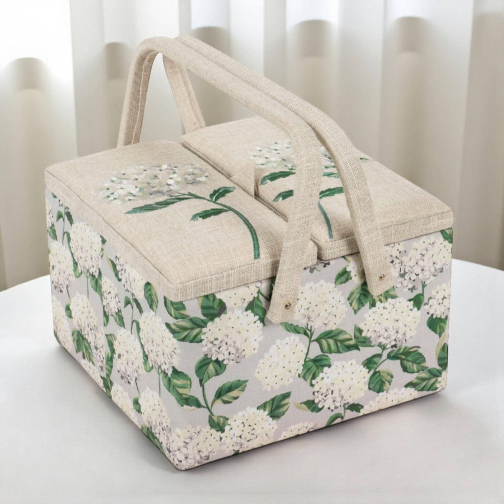Sewing Basket Hydrangea Embroidered  – Large Fabric Craft Box with Storage Tray