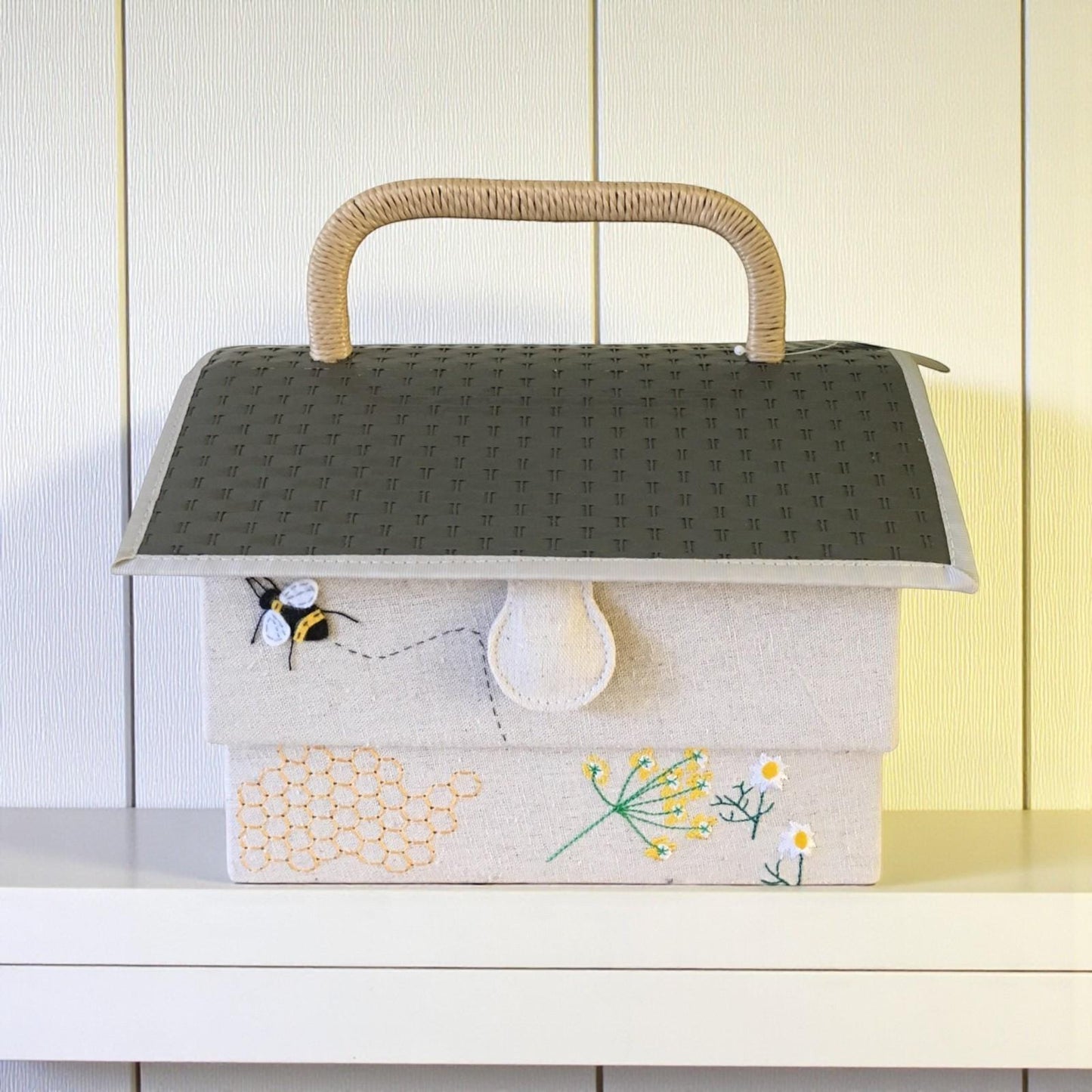 Bee Hive Sewing Basket with Tray, Appliqué Bees & Flowers