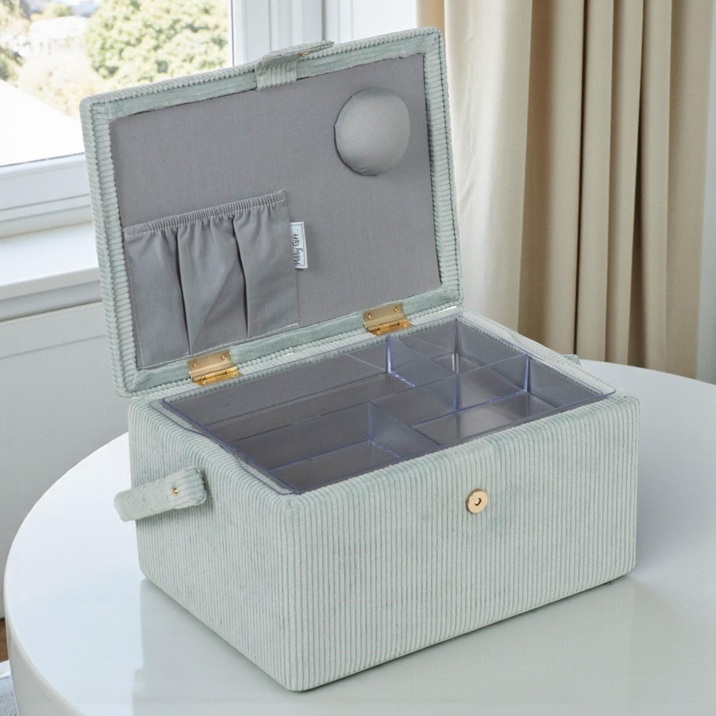 Sewing Basket Woolly Pully Design with Embroidered Sheep, Padded Lid, Storage Tray & Pin Cushion