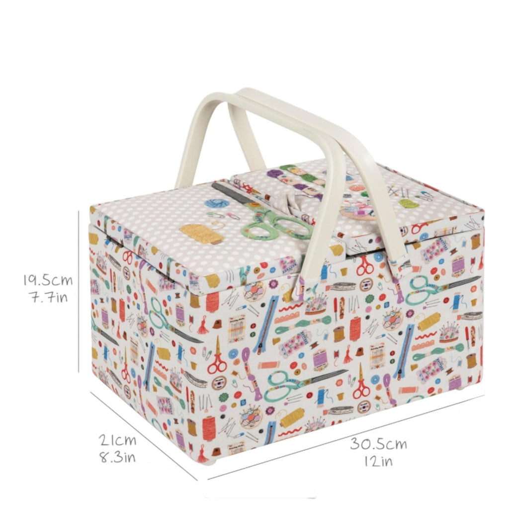 Large Twin-Lid Sewing Box Haby Notions Design  Cream Appliqué Embroidery. Sewing Storage