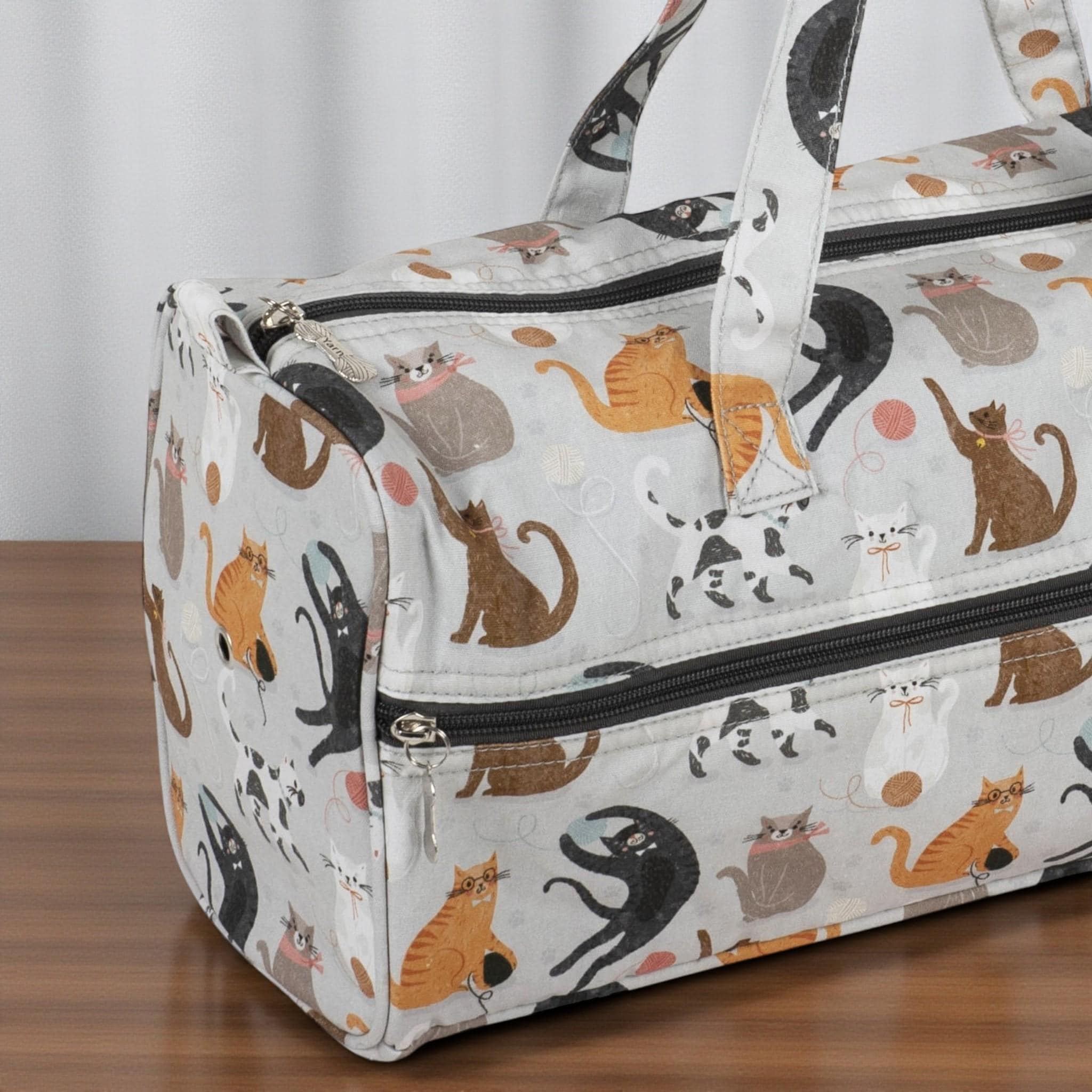 Cats Knitting Bag – Cotton Yarn Storage with Zip Pocket & Handles