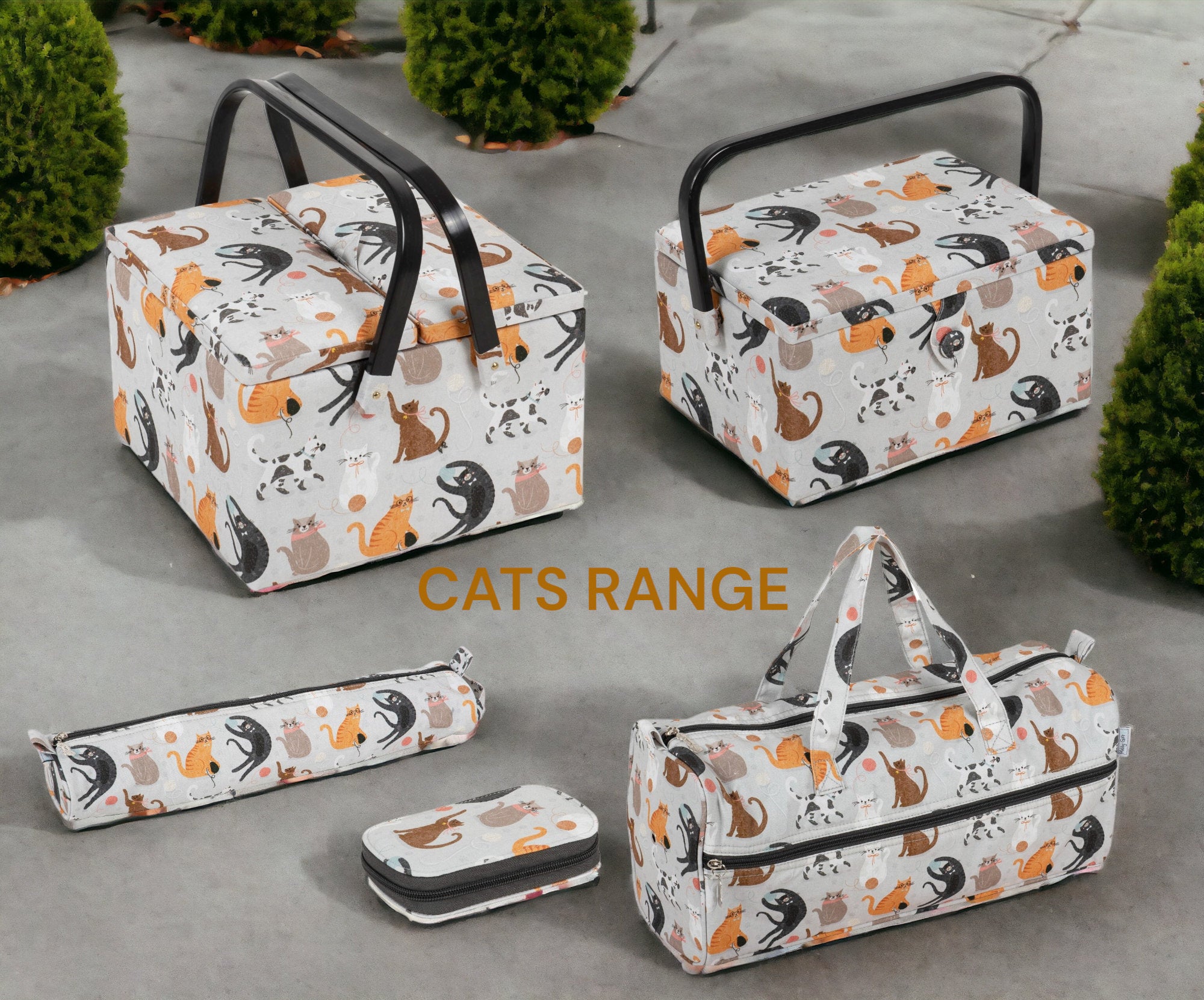 Cats Knitting Bag – Cotton Yarn Storage with Zip Pocket & Handles