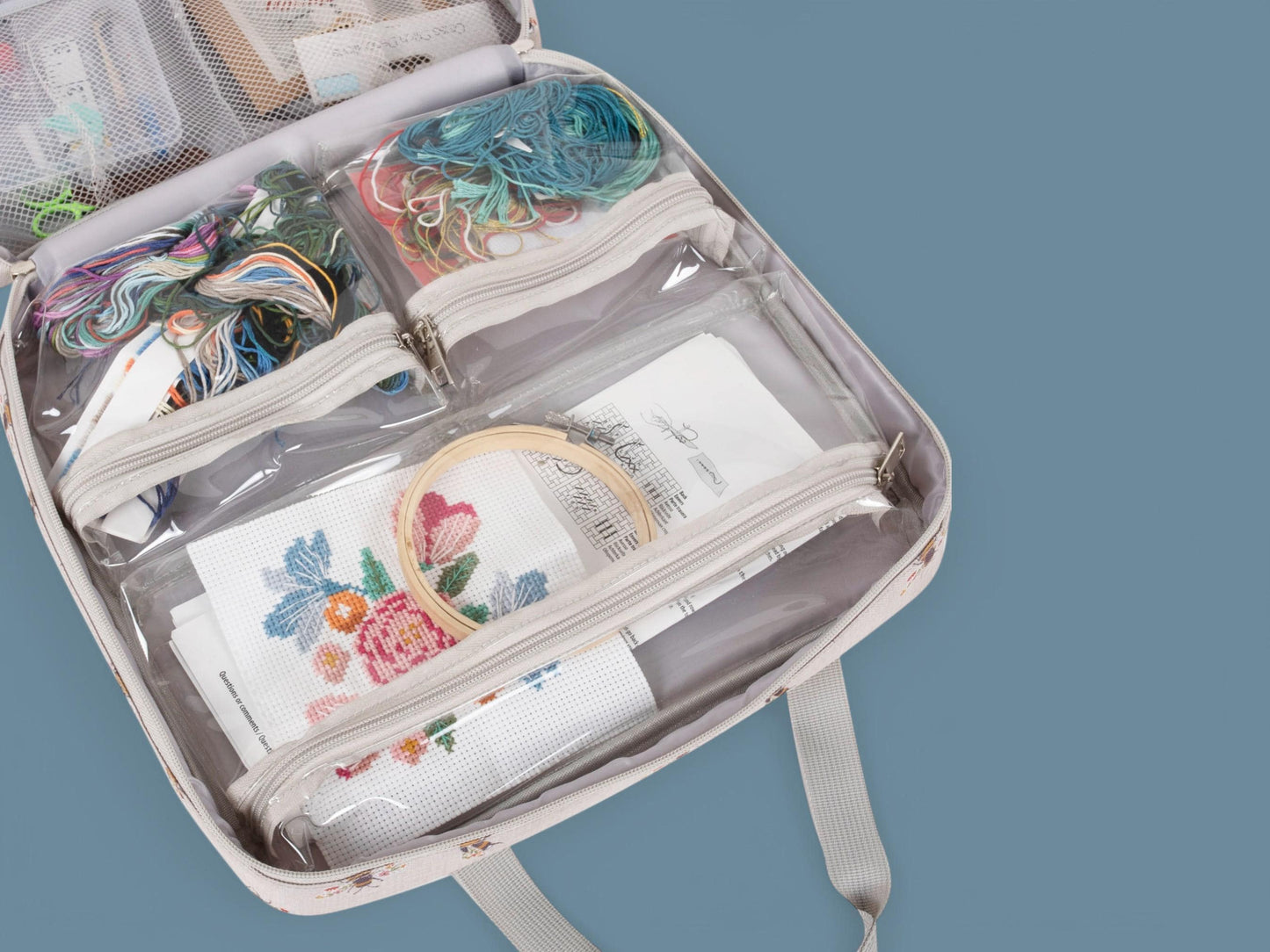 PROJECT CRAFT BAG with Embroidery Hoop Storage. Bee Design.  Lots of Pockets & Compartments
