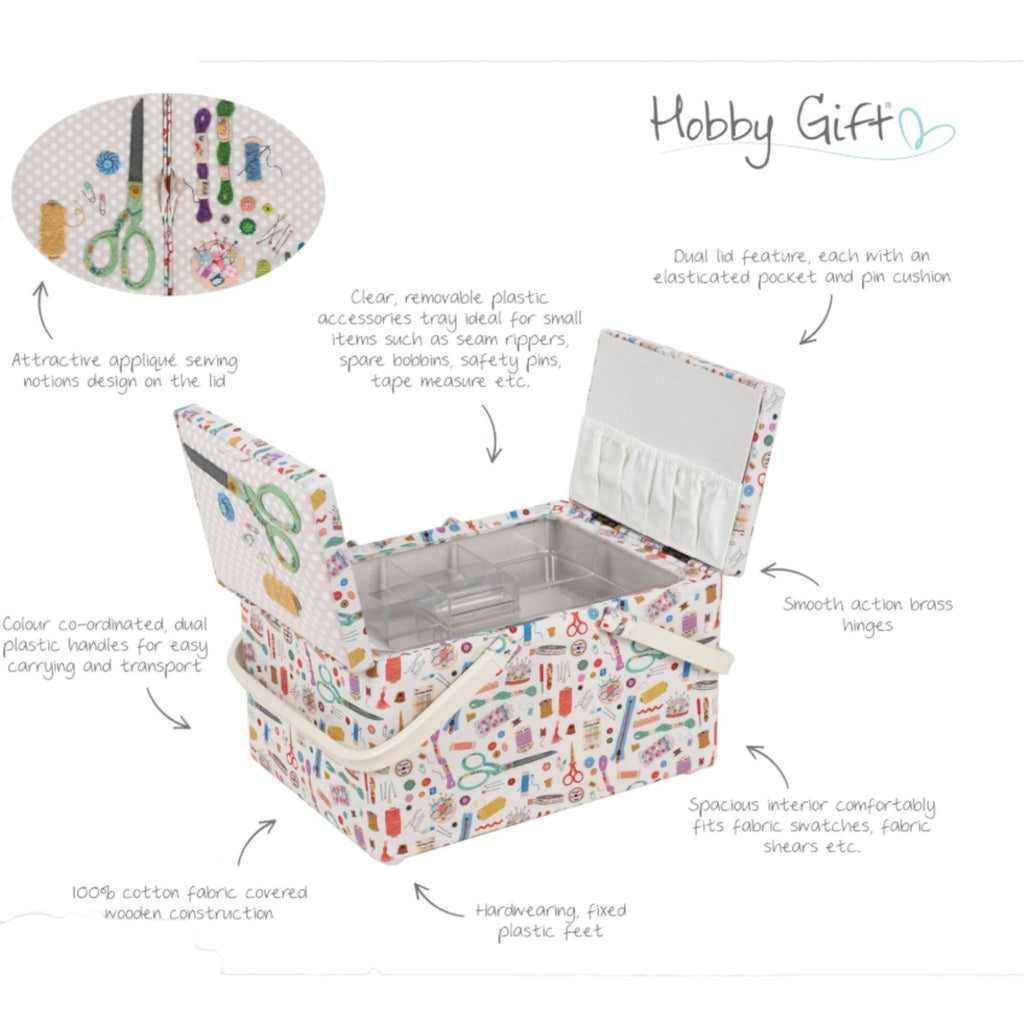 Large Twin-Lid Sewing Box Haby Notions Design  Cream Appliqué Embroidery. Sewing Storage