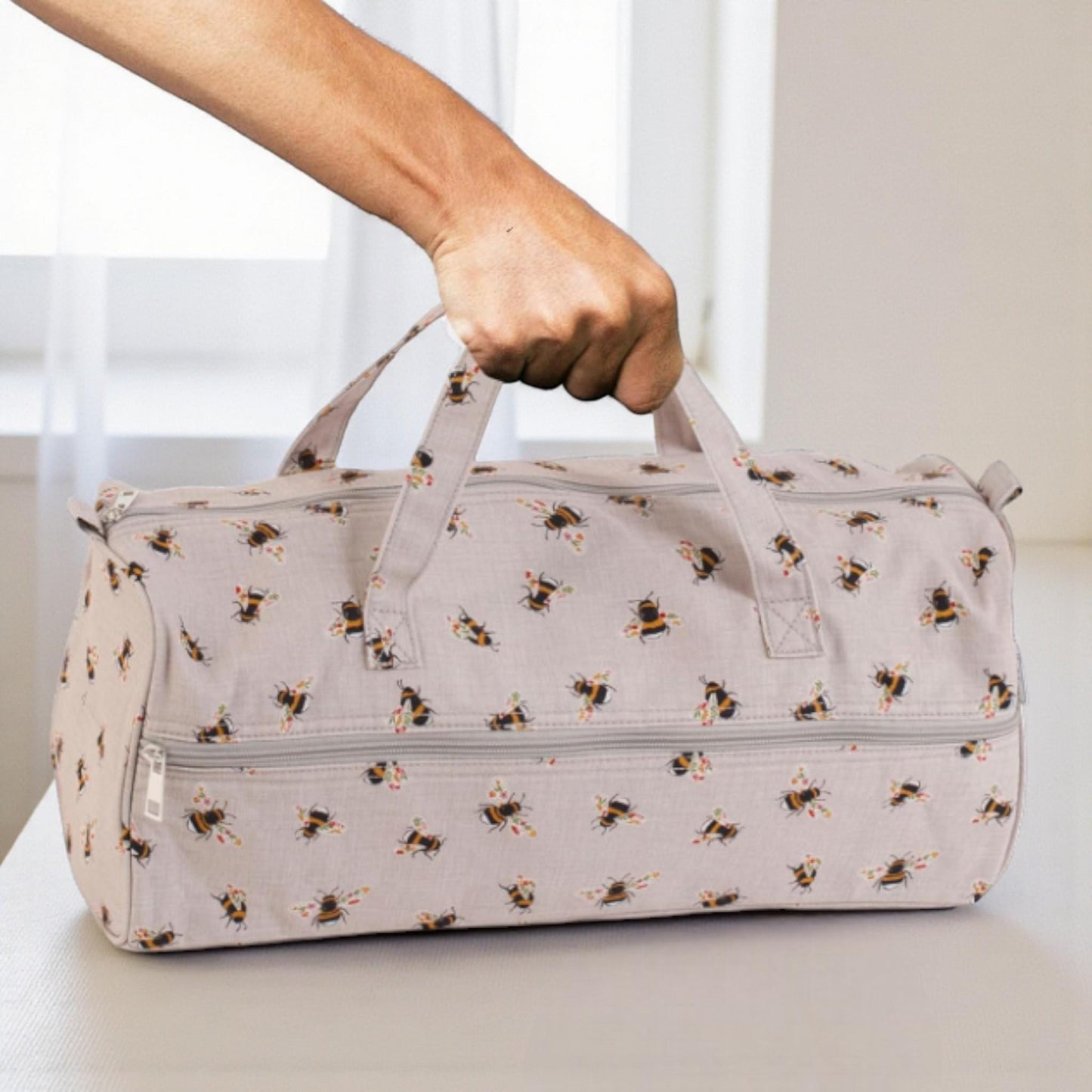 Long Knitting Bag Bee Design. Cotton Yarn Storage Tote with Zip. Knitting & Crochet Organizer