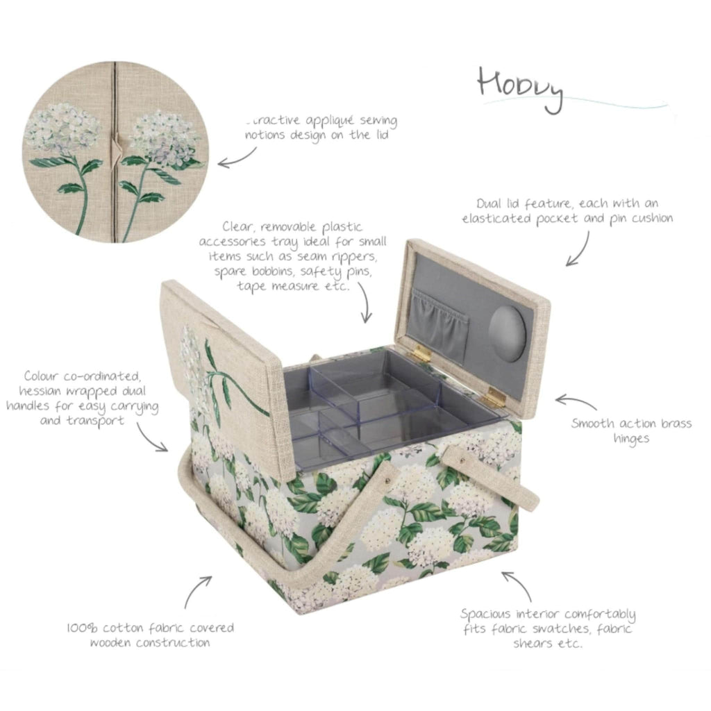 Sewing Basket Hydrangea Embroidered  – Large Fabric Craft Box with Storage Tray