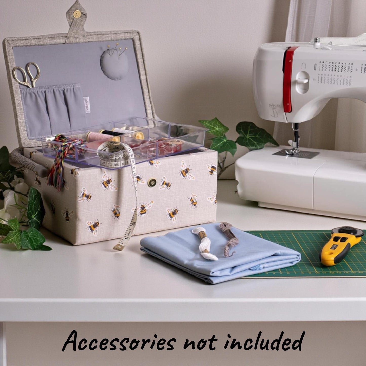 Sewing Bee Embroidered Sewing Basket Box. Optional Sewing Accessory Kit Available