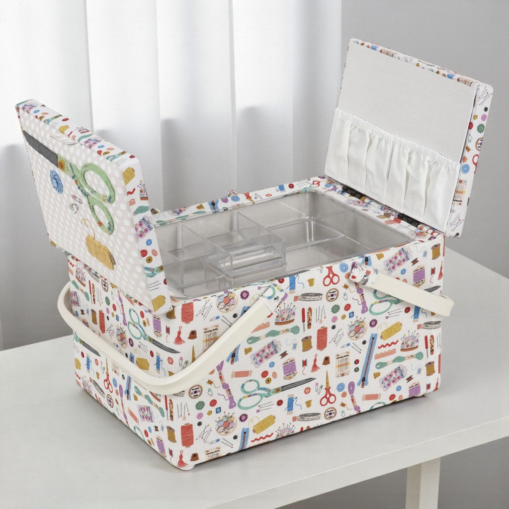 Large Twin-Lid Sewing Box Haby Notions Design  Cream Appliqué Embroidery. Sewing Storage
