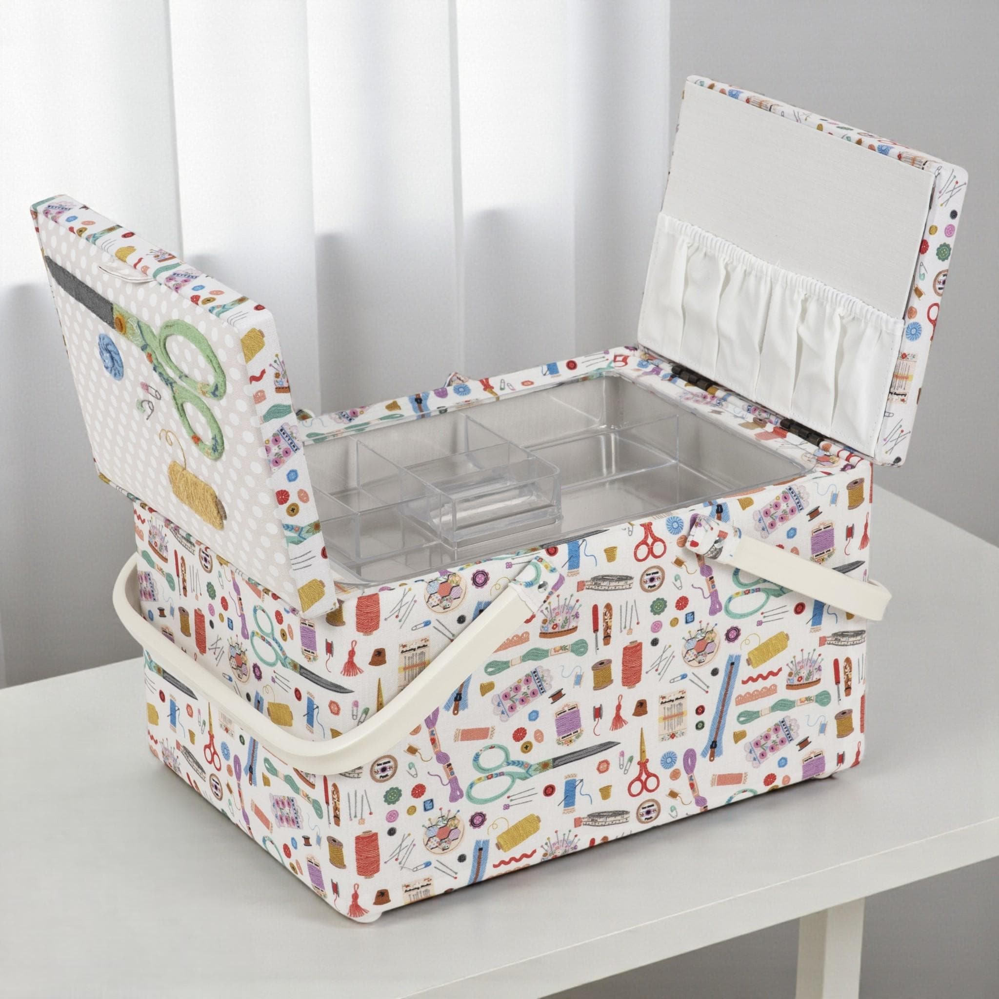 Large Twin-Lid Sewing Box Haby Notions Design  Cream Appliqué Embroidery. Sewing Storage