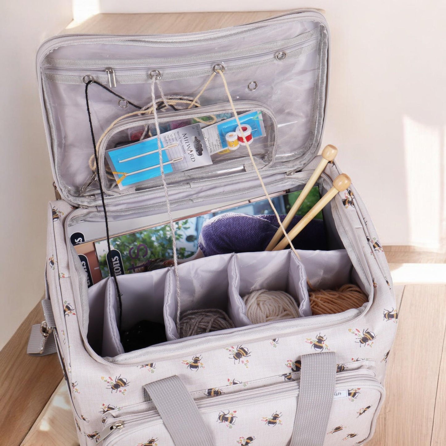 Bee Knitting & Craft Tote Organiser Bee Design Sturdy Bag with Lots of Compartments
