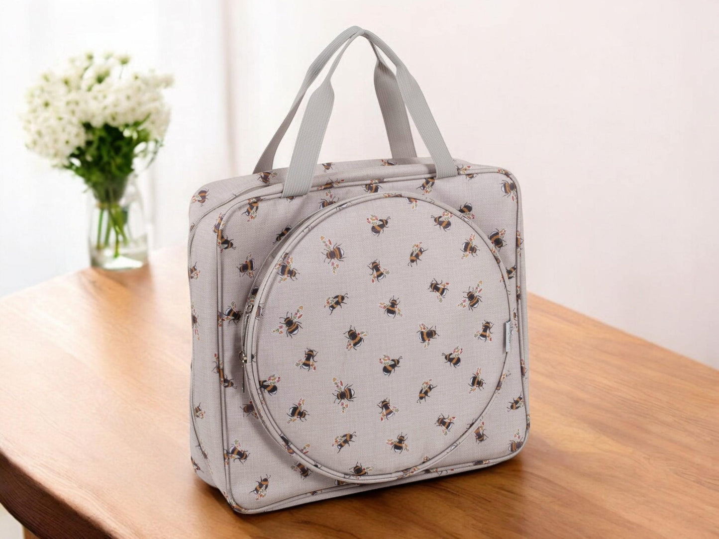 PROJECT CRAFT BAG with Embroidery Hoop Storage. Bee Design.  Lots of Pockets & Compartments