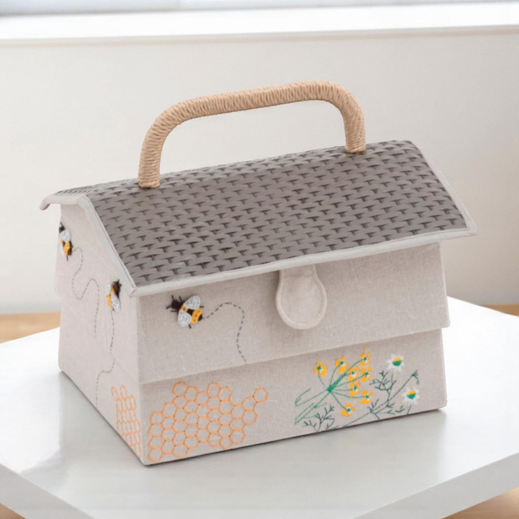 Bee Hive Sewing Basket with Tray, Appliqué Bees & Flowers