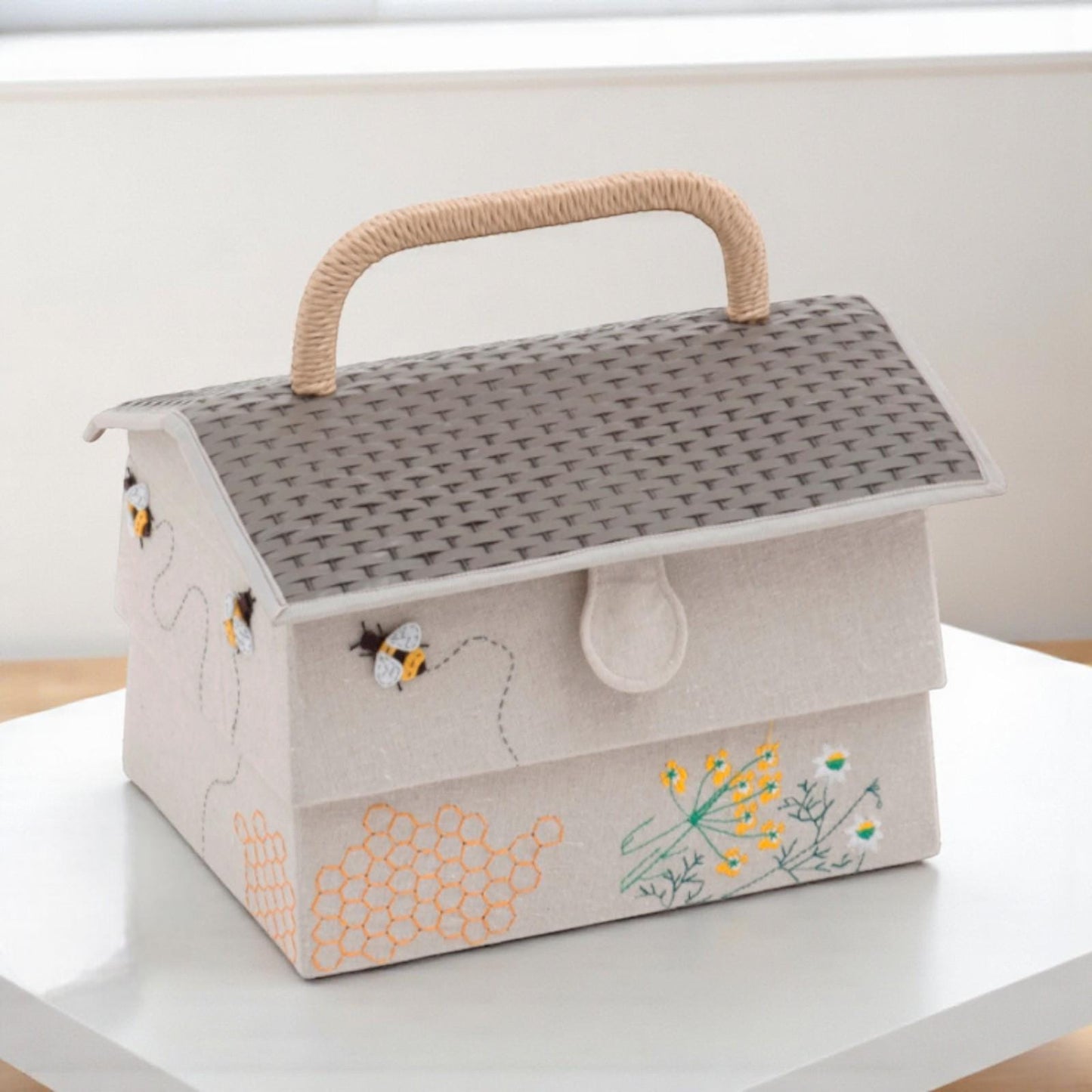 Bee Hive Sewing Basket with Tray, Appliqué Bees & Flowers