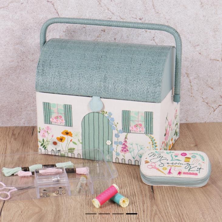 Country Cottage Sewing Box. Embroidered Floral Sewing Basket. Cottagecore Storage with Tray & Handle