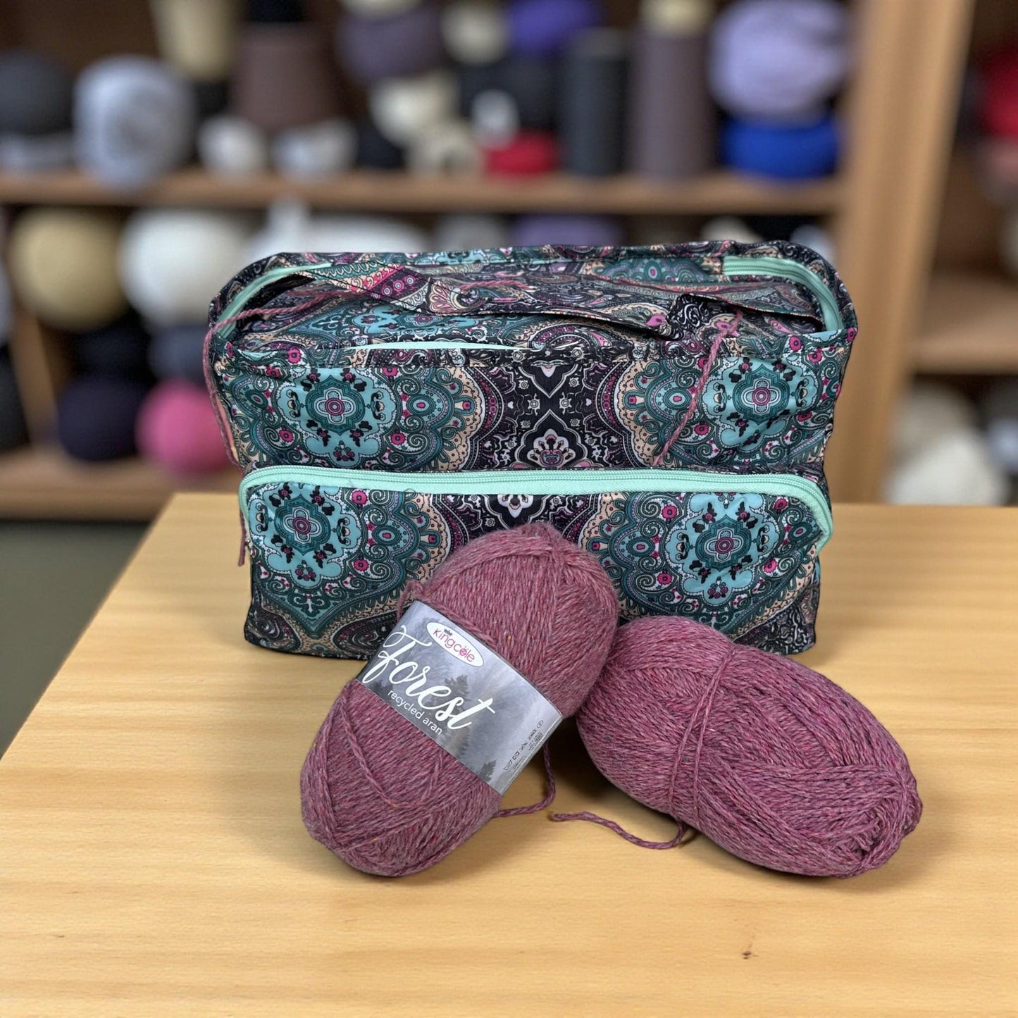 Lightweight Knitting Bag Yarn Storage. Abstract Pink & Green Pattern, 3 Feeder Holes, Front Storage Pocket