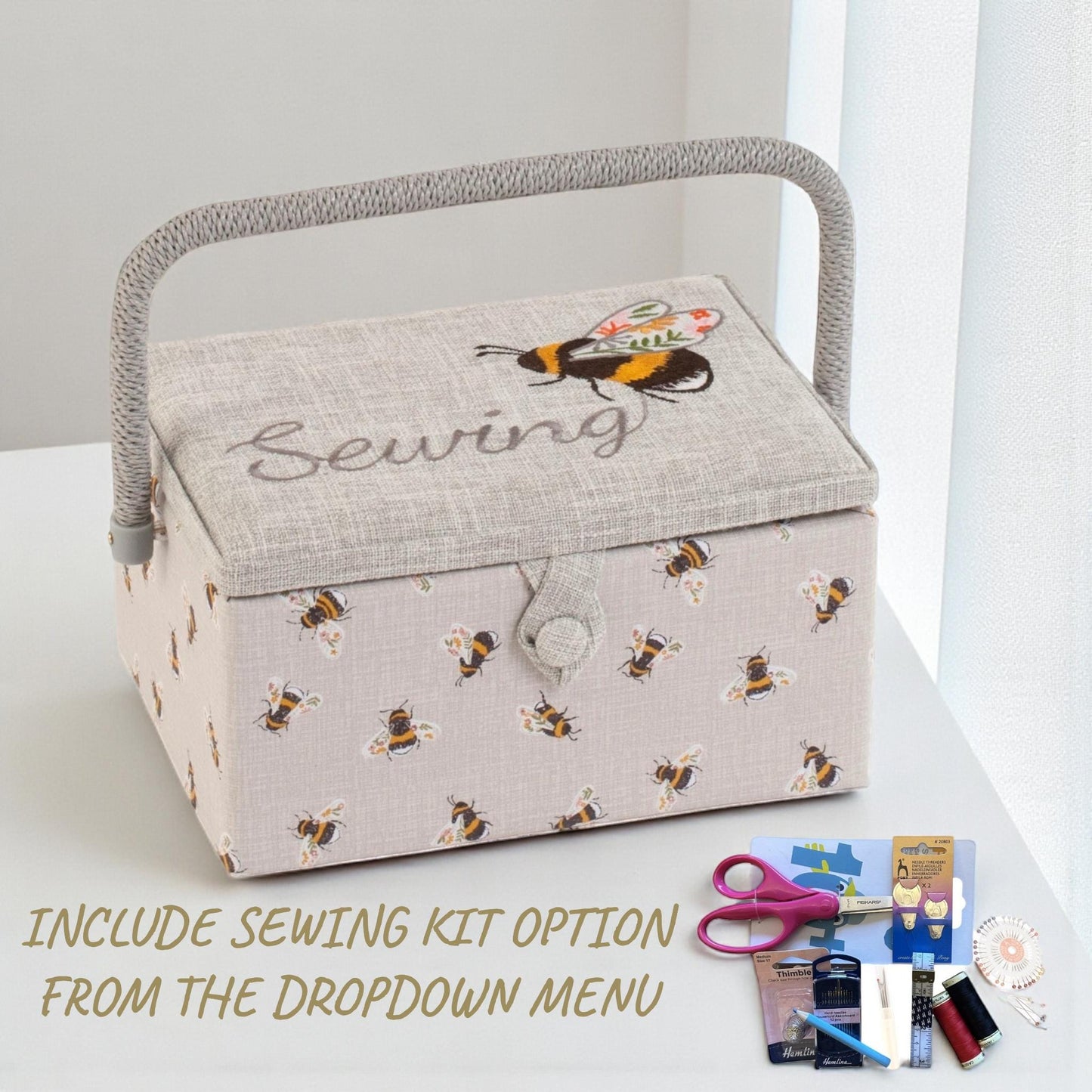 Sewing Bee Embroidered Sewing Basket Box. Optional Sewing Accessory Kit Available