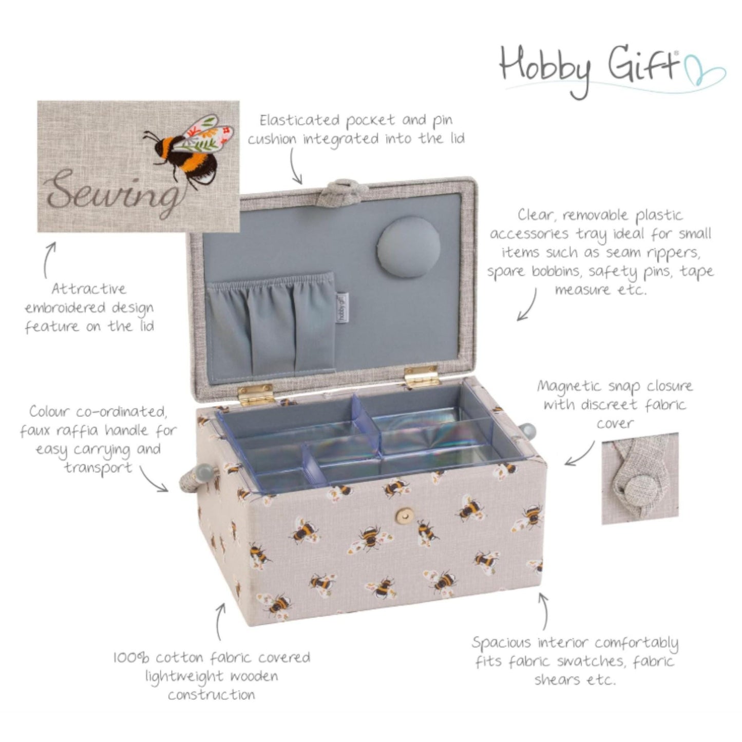 Sewing Bee Embroidered Sewing Basket Box. Optional Sewing Accessory Kit Available
