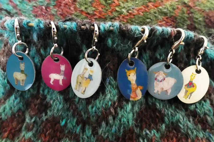 CROCHET STITCH MARKERS in a Tin. Alpacas & Friends Design by Emma Ball