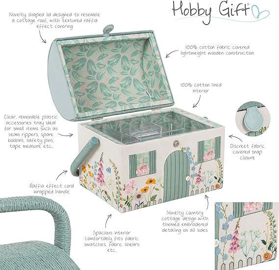 Country Cottage Sewing Box. Embroidered Floral Sewing Basket. Cottagecore Storage with Tray & Handle