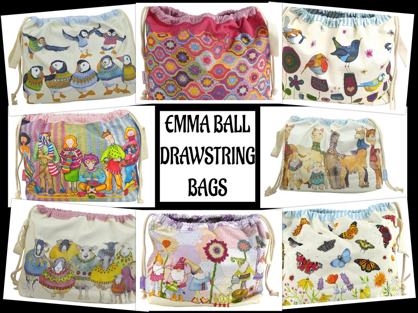 Knitting & Crochet Drawstring Bag – Mystical Lanterns by Emma Ball. Cotton Project Bag