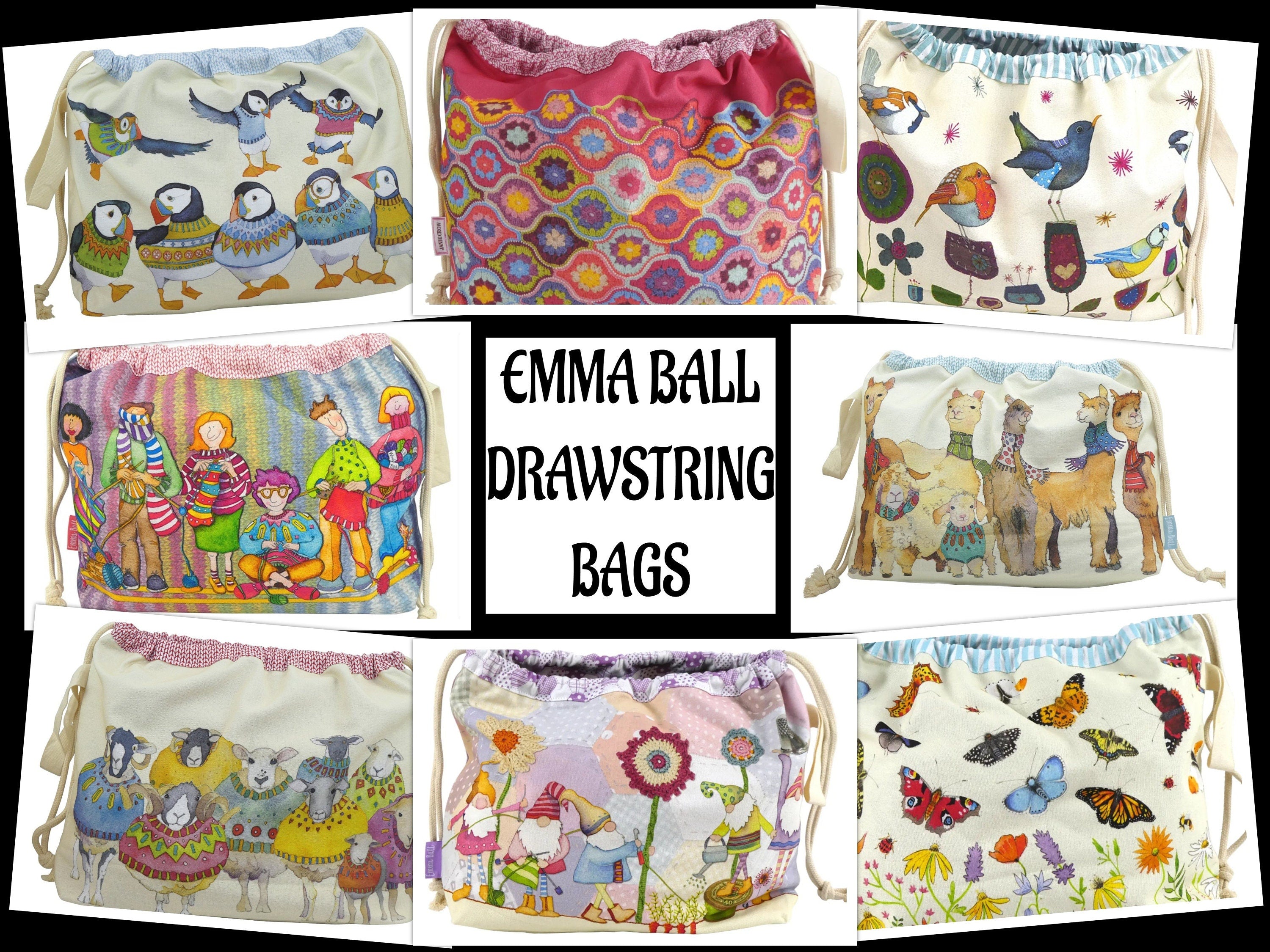 Knitting & Crochet Drawstring Bag – Mystical Lanterns by Emma Ball. Cotton Project Bag