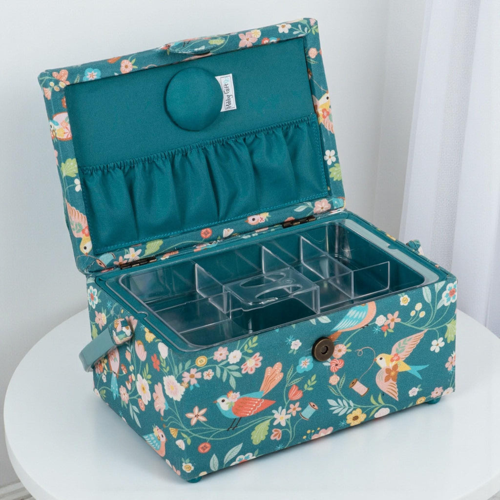 Medium Turquoise Bird Aviary Sewing Basket with Optional Sewing Accessory Kit
