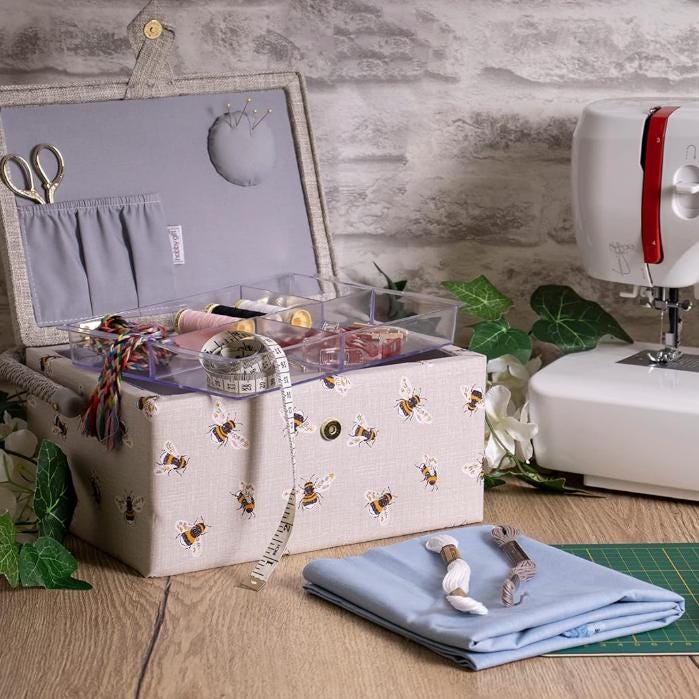 Bee Embroidered Sewing Basket Medium Box with Optional Sewing Kit