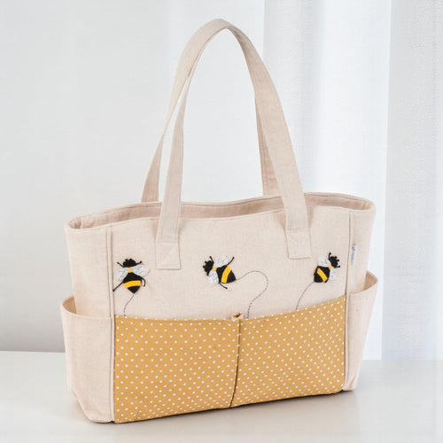Bee Craft Storage Bag. Project Tote with Pockets and Zip Top. Applique Bee Design