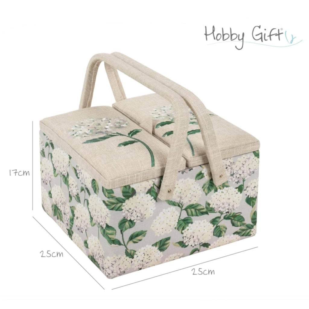 Sewing Basket Hydrangea Embroidered  – Large Fabric Craft Box with Storage Tray