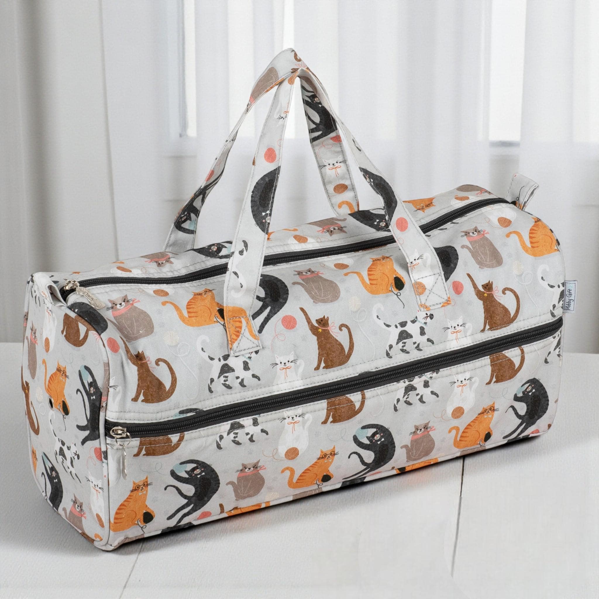 Cats Knitting Bag – Cotton Yarn Storage with Zip Pocket & Handles