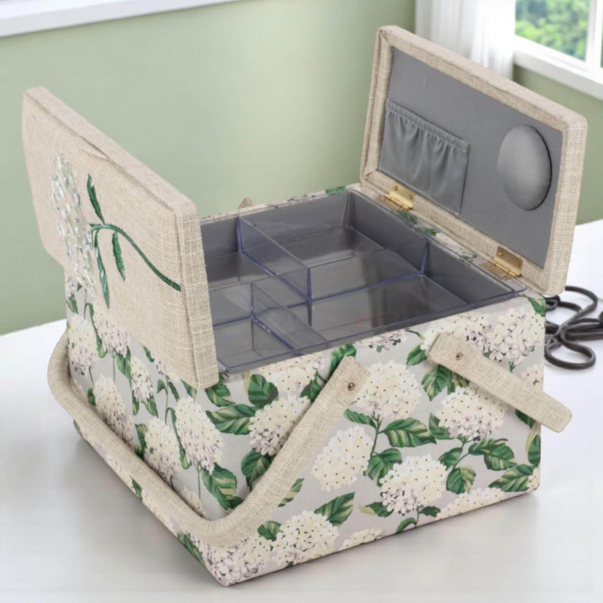 Sewing Basket Hydrangea Embroidered  – Large Fabric Craft Box with Storage Tray