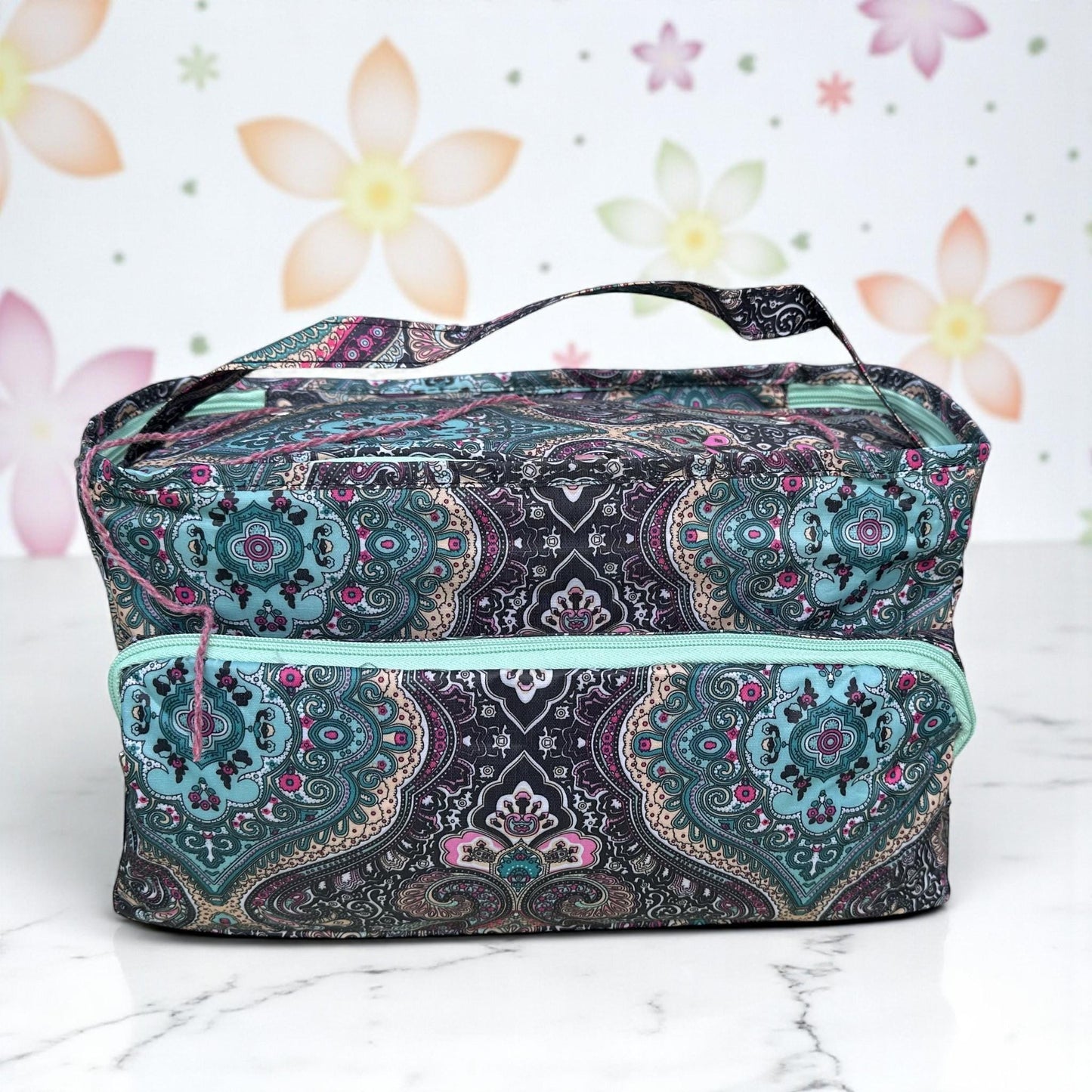 Lightweight Knitting Bag Yarn Storage. Abstract Pink & Green Pattern, 3 Feeder Holes, Front Storage Pocket