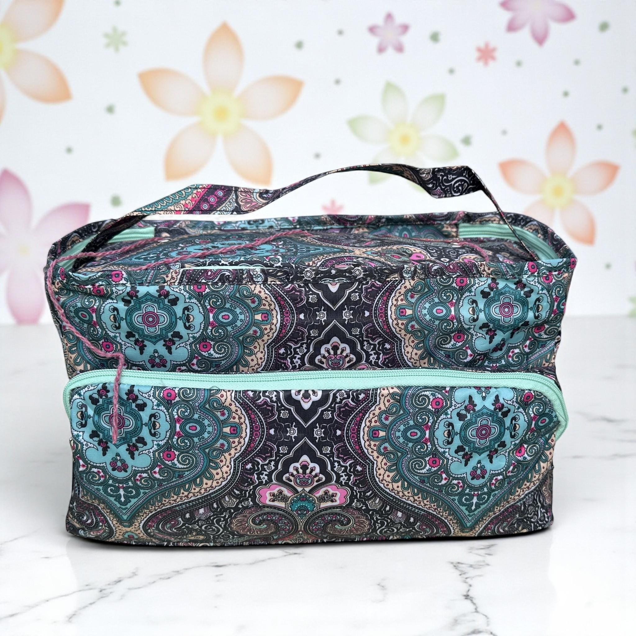 Lightweight Knitting Bag Yarn Storage. Abstract Pink & Green Pattern, 3 Feeder Holes, Front Storage Pocket