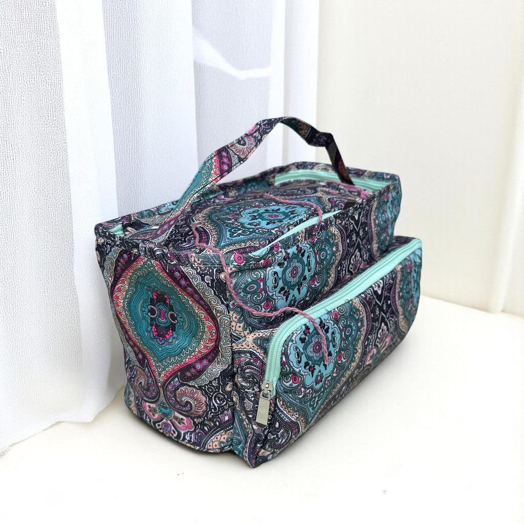 Lightweight Knitting Bag Yarn Storage. Abstract Pink & Green Pattern, 3 Feeder Holes, Front Storage Pocket