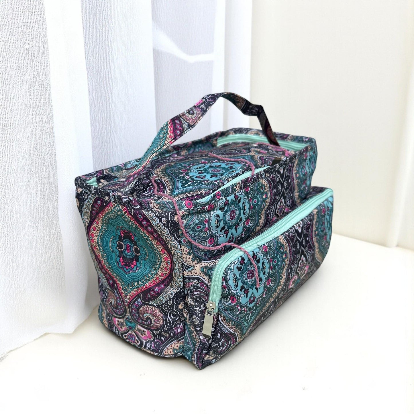 Lightweight Knitting Bag Yarn Storage. Abstract Pink & Green Pattern, 3 Feeder Holes, Front Storage Pocket