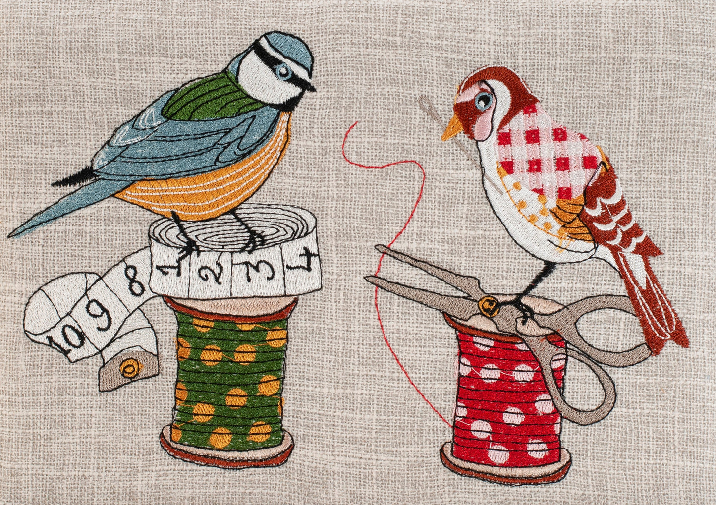 Sewing Basket ‘Birds on a Bobbin’ Design with Embroidered Lid  and optional Sewing Kit