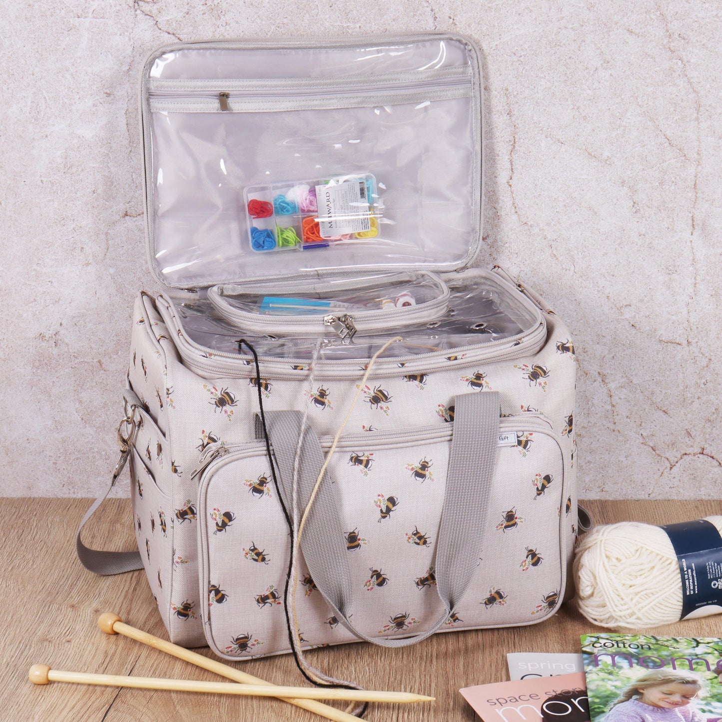 Bee Knitting & Craft Tote Organiser Bee Design Sturdy Bag with Lots of Compartments