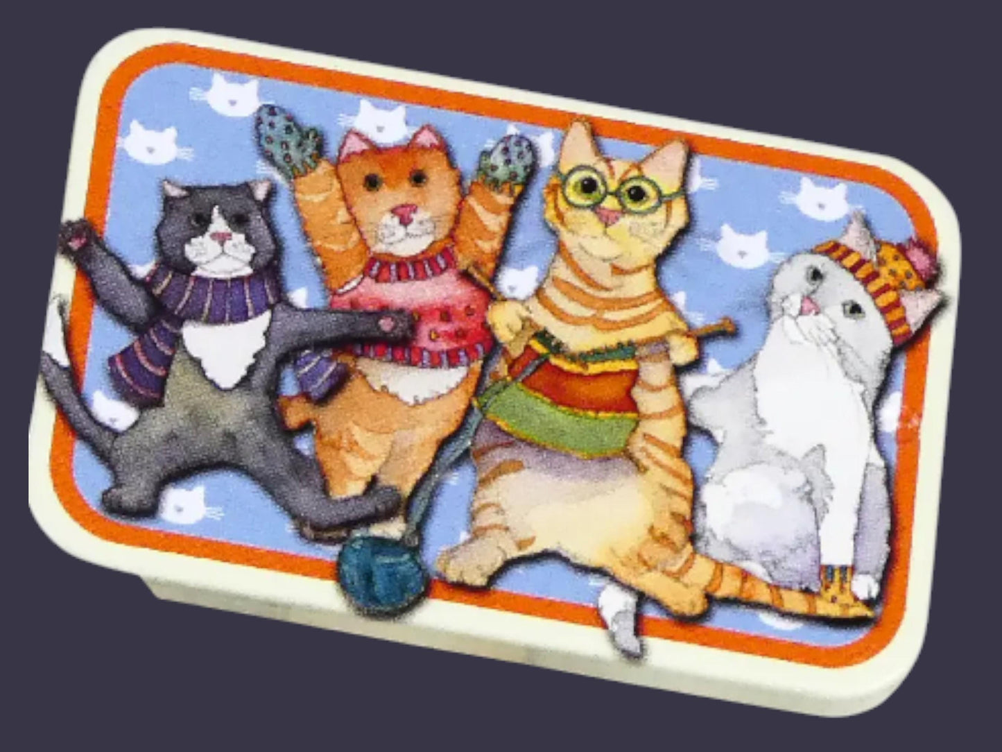 CROCHET STITCH MARKERS in a Tin. Kittens in Mittens Design by Emma Ball