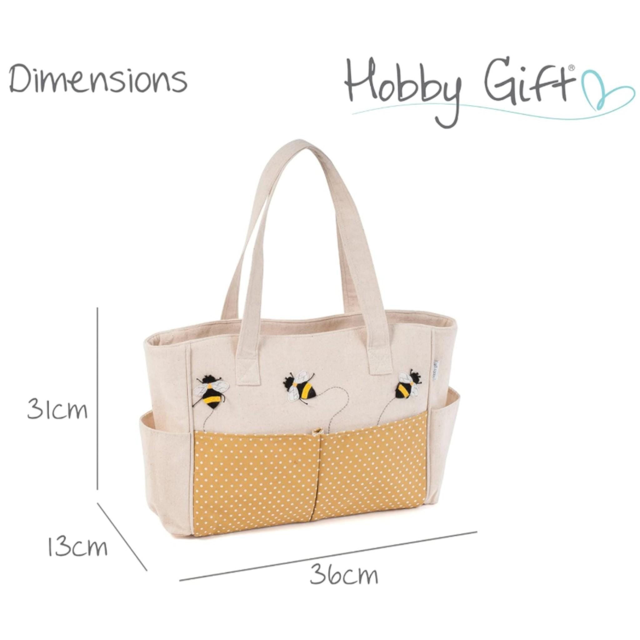Bee Craft Storage Bag. Project Tote with Pockets and Zip Top. Applique Bee Design