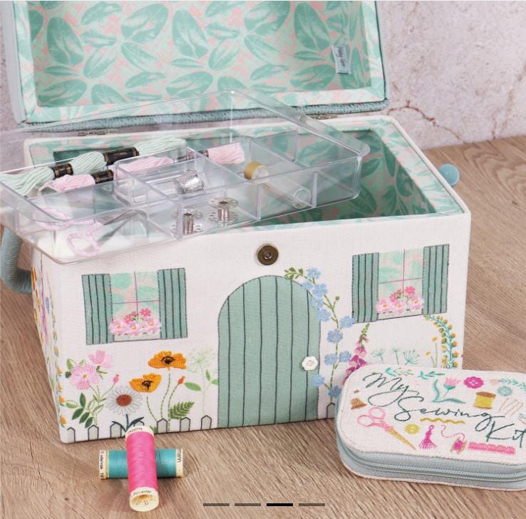 Country Cottage Sewing Box. Embroidered Floral Sewing Basket. Cottagecore Storage with Tray & Handle