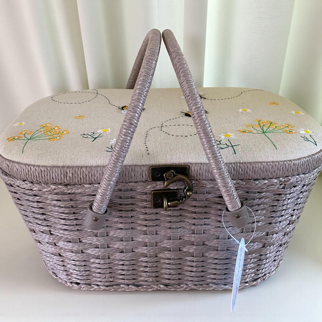 Linen Bee Wicker Sewing Basket – Large Taupe Craft Storage Box with Appliqué Bees & Flowers