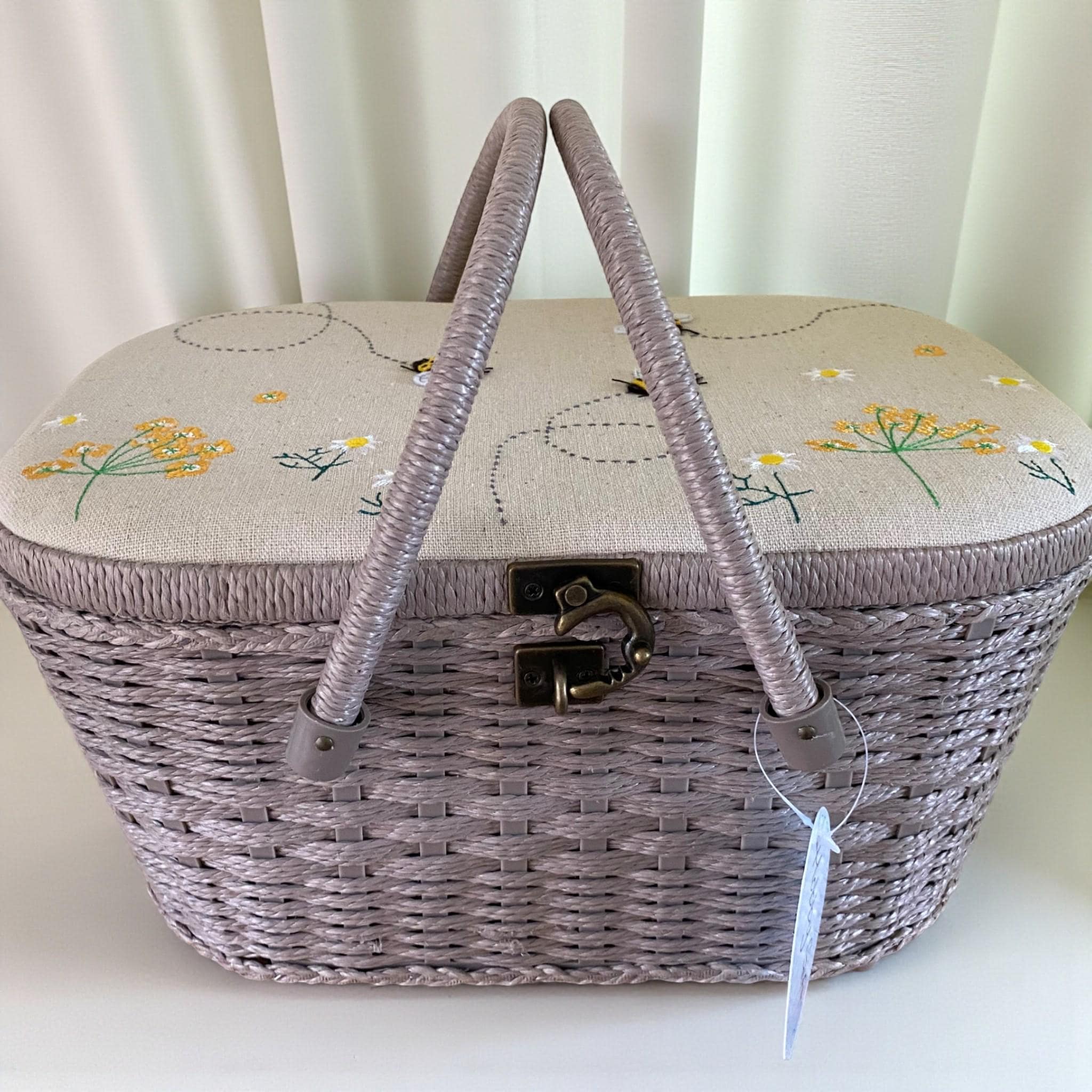 Linen Bee Wicker Sewing Basket – Large Taupe Craft Storage Box with Appliqué Bees & Flowers