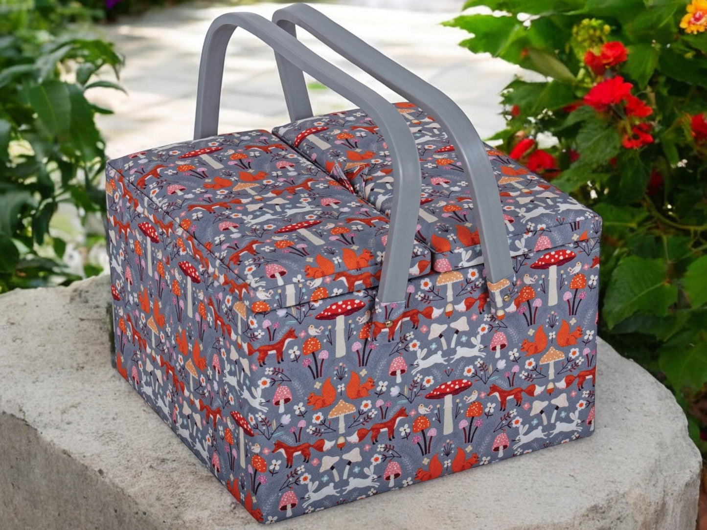 SEWING BASKET BOX Woodland Toadstool Square Design With Twin Lids