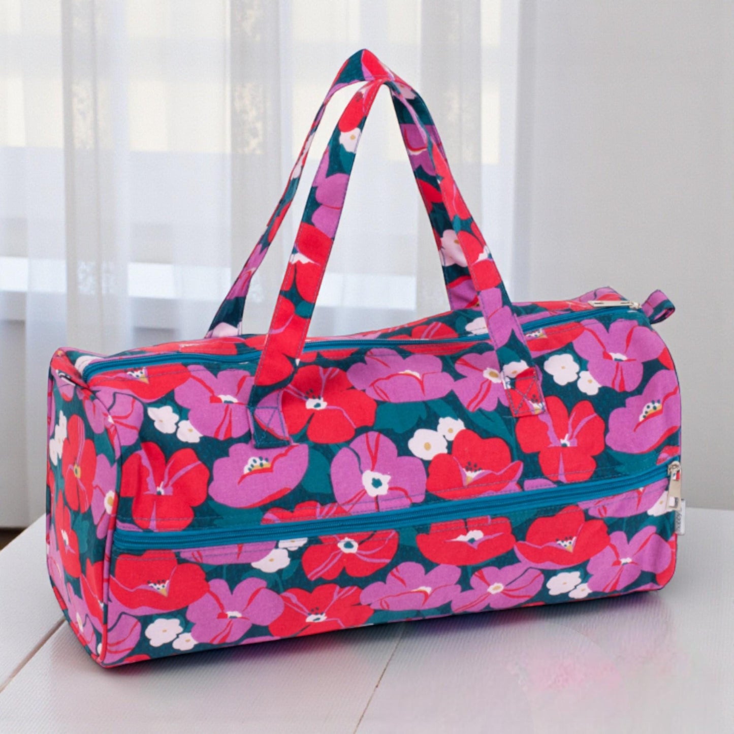 Modern Floral Knitting Bag – Cotton Yarn Storage with Zip Pocket & Handles
