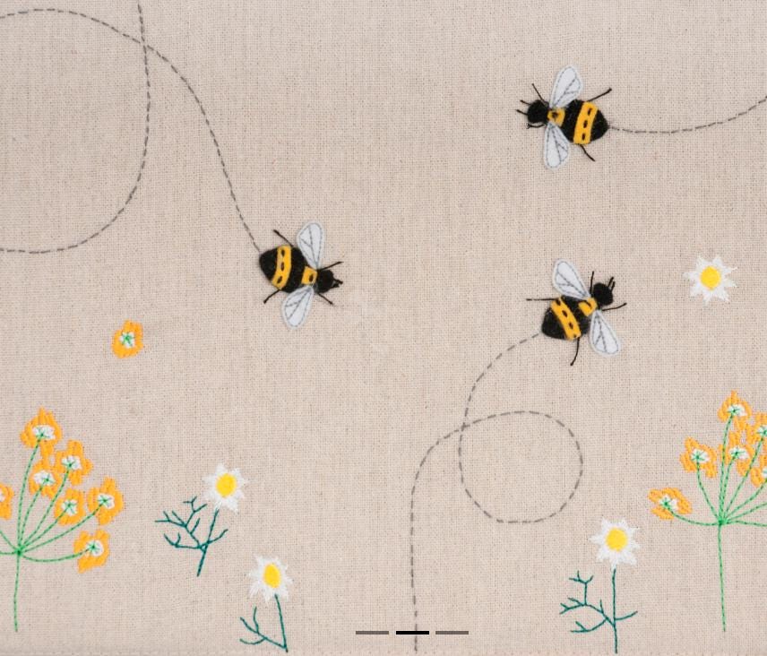 Linen Bee Wicker Sewing Basket – Large Taupe Craft Storage Box with Appliqué Bees & Flowers