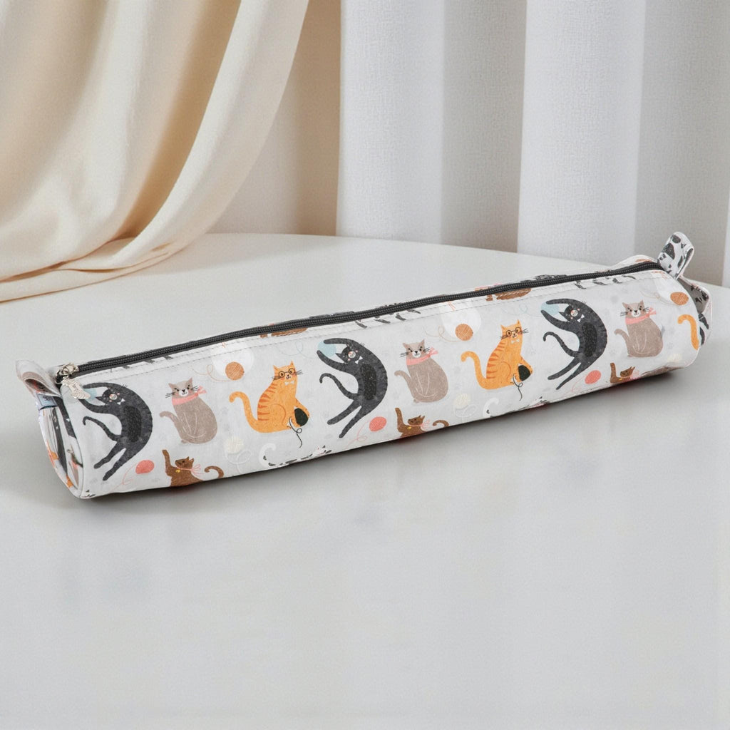 Long Knitting Needle Case – Fun Cats Fabric Pin Holder with Zip Top