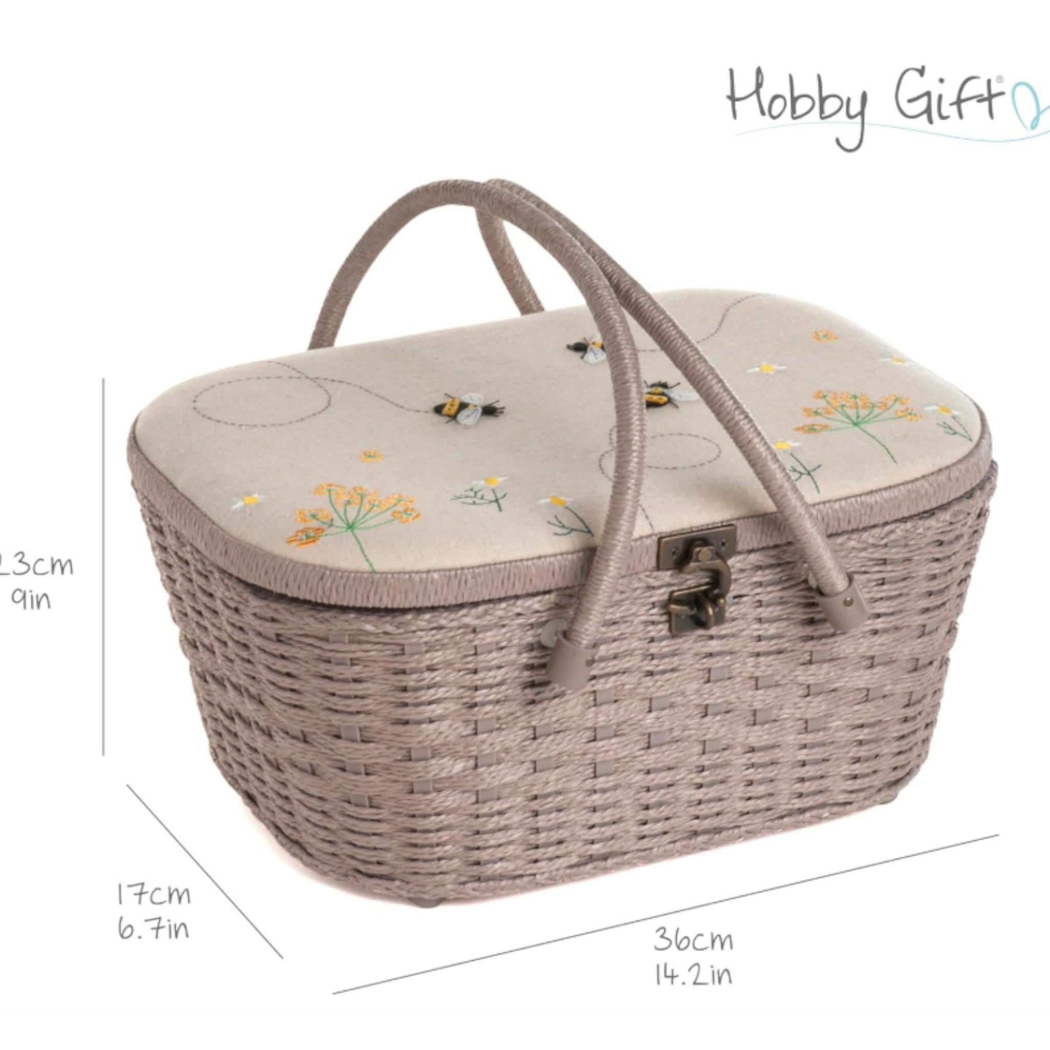 Linen Bee Wicker Sewing Basket – Large Taupe Craft Storage Box with Appliqué Bees & Flowers