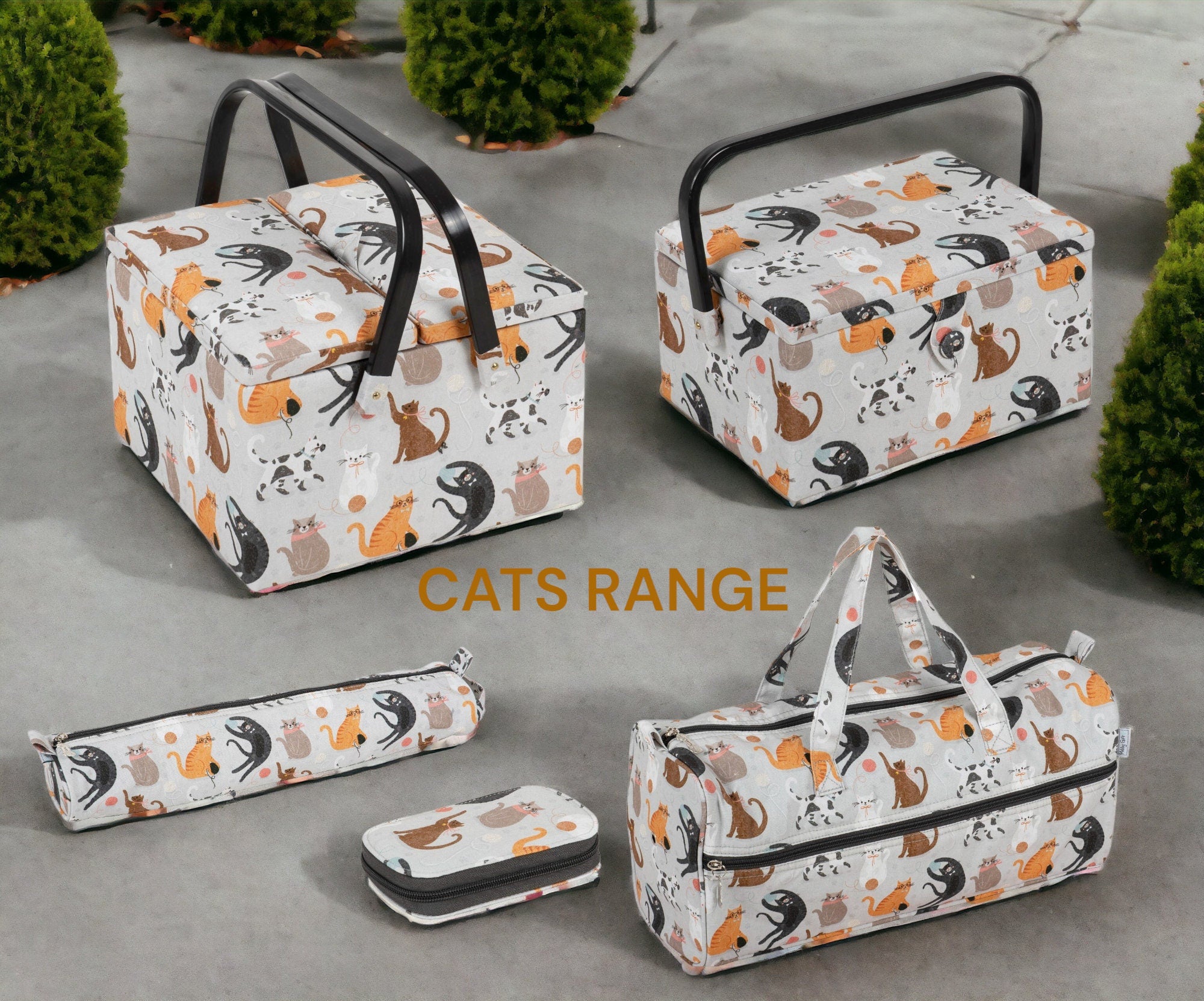 Long Knitting Needle Case – Fun Cats Fabric Pin Holder with Zip Top
